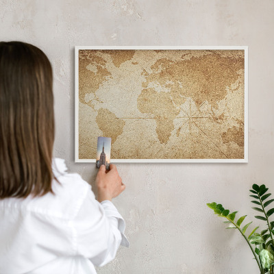 Magnetic board for travel magnets in a white frame Old map