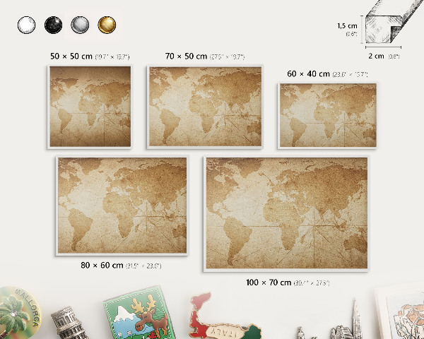 Magnetic board for travel magnets in a white frame Old map