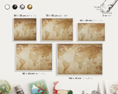 Magnetic board for travel magnets in a white frame Old map