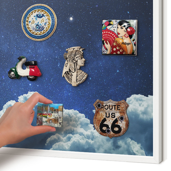 Magnetic board for travel magnets in a white frame Cosmic night