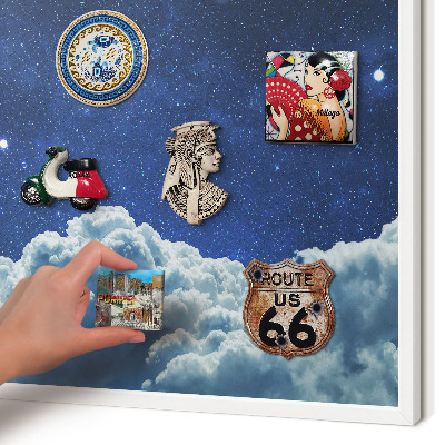 Magnetic board for travel magnets in a white frame Cosmic night