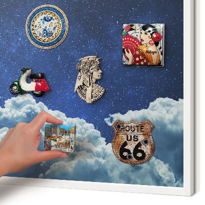 Magnetic board for travel magnets in a white frame Cosmic night