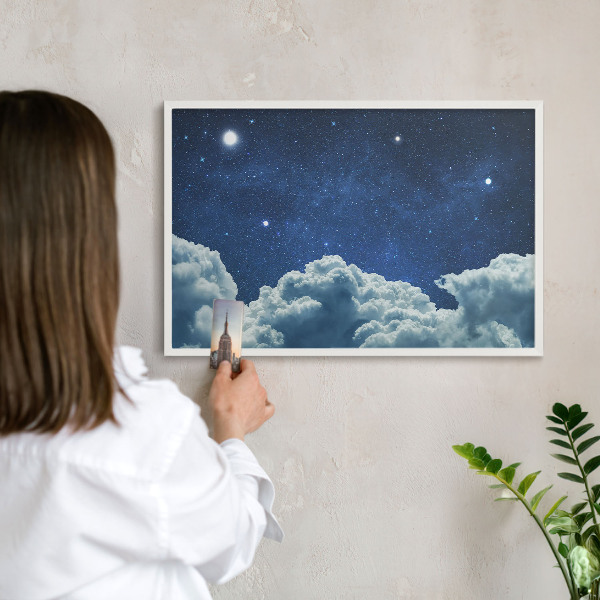 Magnetic board for travel magnets in a white frame Cosmic night