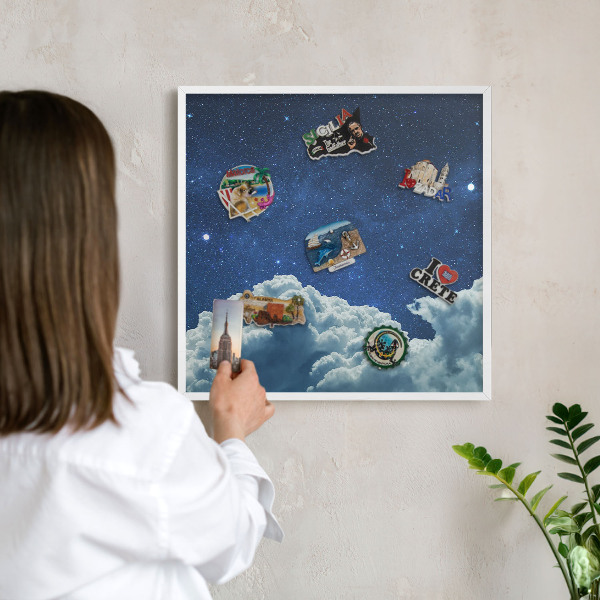 Magnetic board for travel magnets in a white frame Cosmic night