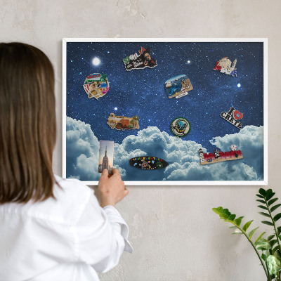 Magnetic board for travel magnets in a white frame Cosmic night
