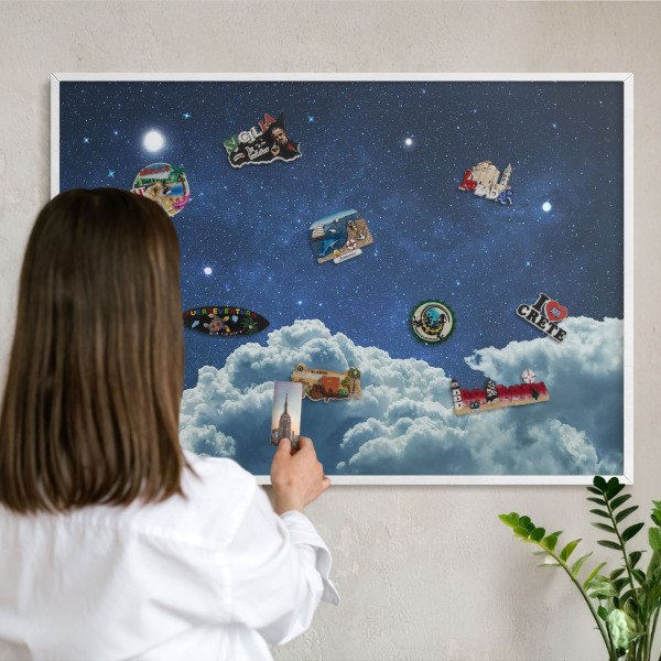 Magnetic board for travel magnets in a white frame Cosmic night