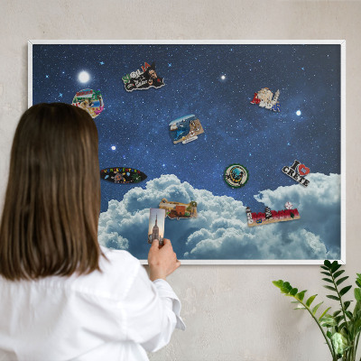 Magnetic board for travel magnets in a white frame Cosmic night