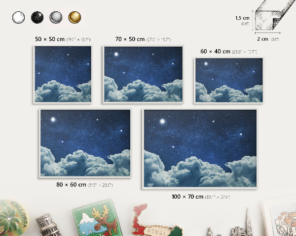 Magnetic board for travel magnets in a white frame Cosmic night