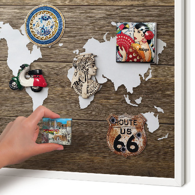 Magnetic board for travel magnets in a white frame Wooden map