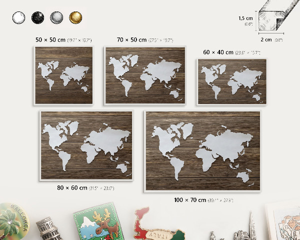 Magnetic board for travel magnets in a white frame Wooden map