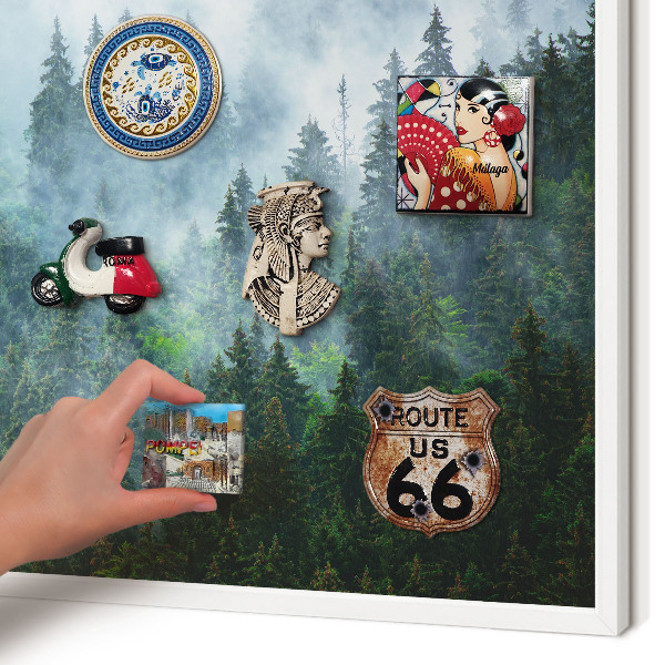 Magnetic board for travel magnets in a white frame Mysterious forest