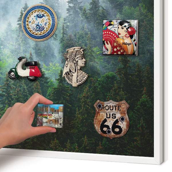 Magnetic board for travel magnets in a white frame Mysterious forest