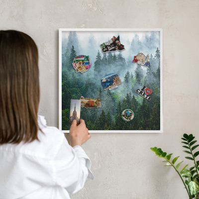 Magnetic board for travel magnets in a white frame Mysterious forest