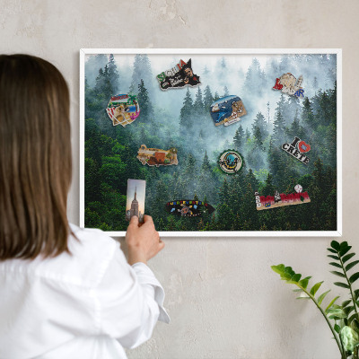 Magnetic board for travel magnets in a white frame Mysterious forest