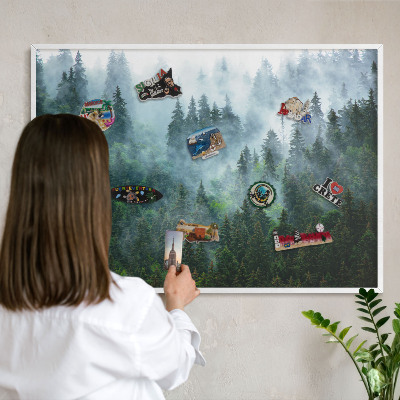 Magnetic board for travel magnets in a white frame Mysterious forest