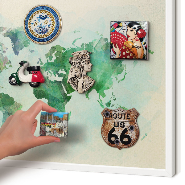 Decorative magnet board with a white frame World map