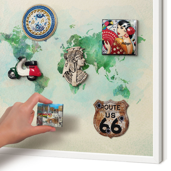 Decorative magnet board with a white frame World map