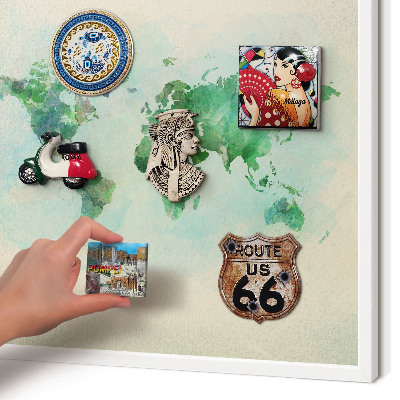 Decorative magnet board with a white frame World map