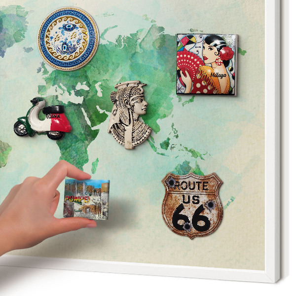 Decorative magnet board with a white frame World map