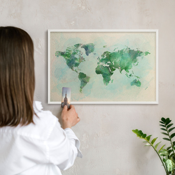 Decorative magnet board with a white frame World map