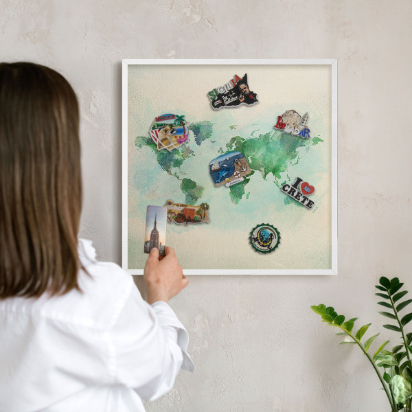 Decorative magnet board with a white frame World map