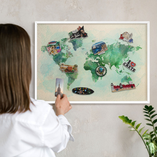 Decorative magnet board with a white frame World map