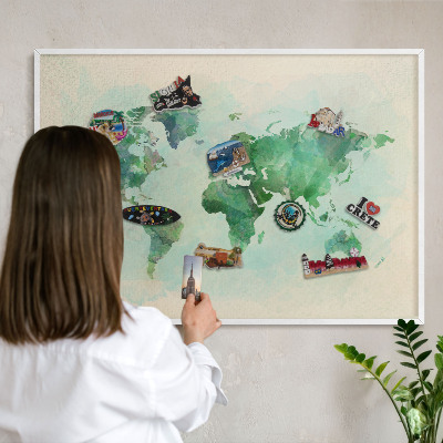 Decorative magnet board with a white frame World map