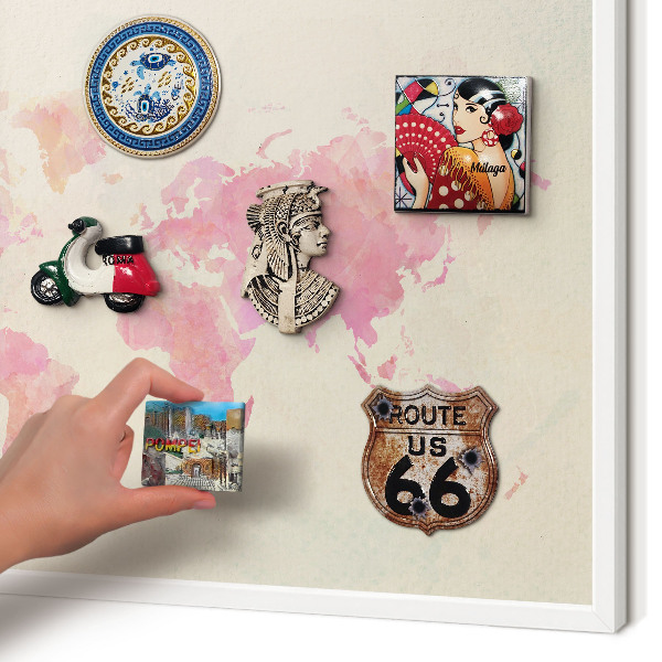 Magnetic board for travel magnets in a white frame World map