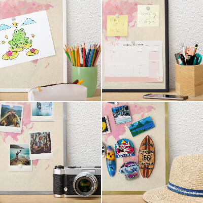 Magnetic board for travel magnets in a white frame World map