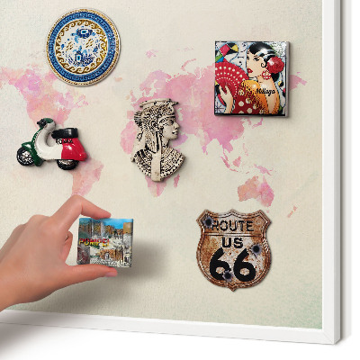 Magnetic board for travel magnets in a white frame World map