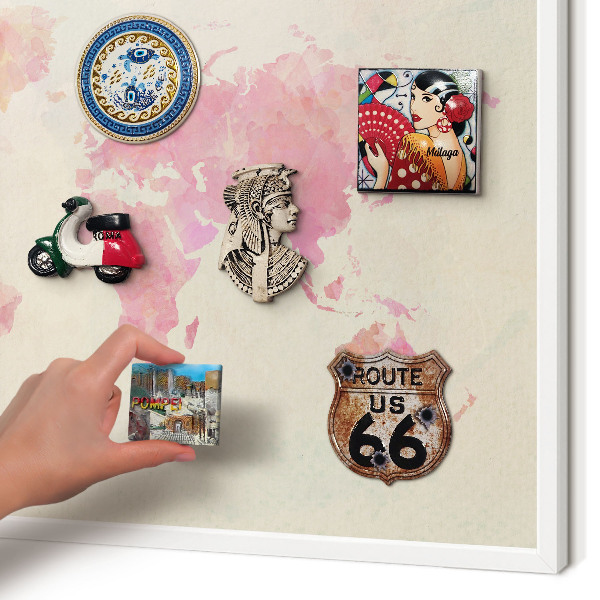 Magnetic board for travel magnets in a white frame World map