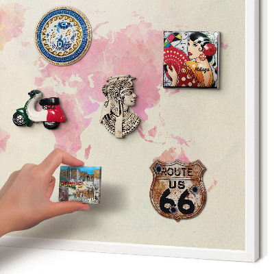 Magnetic board for travel magnets in a white frame World map