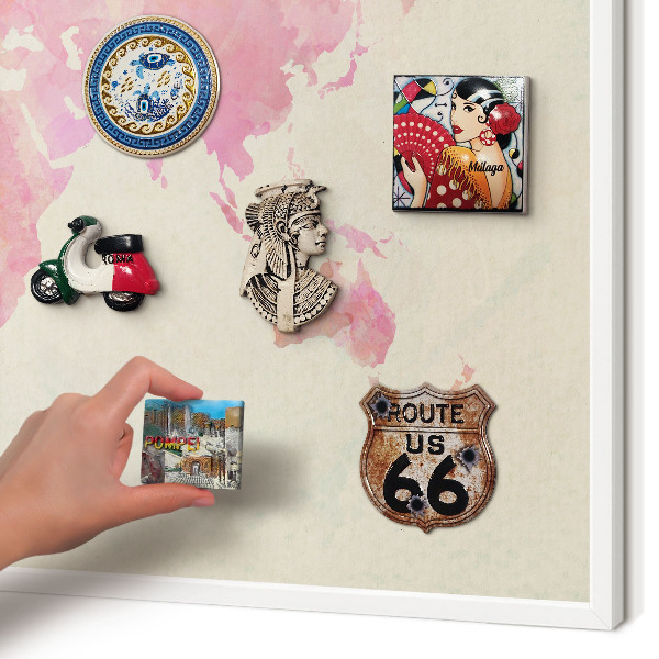 Magnetic board for travel magnets in a white frame World map