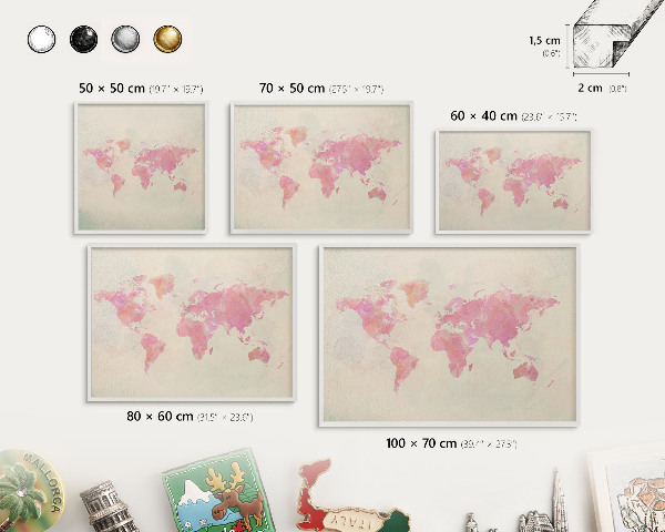 Magnetic board for travel magnets in a white frame World map