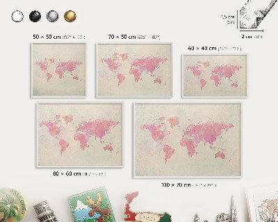 Magnetic board for travel magnets in a white frame World map