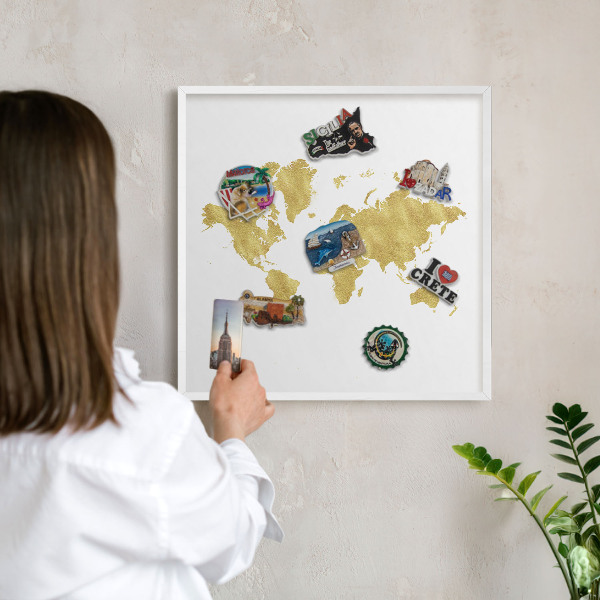 Decorative magnet board with a white frame World map