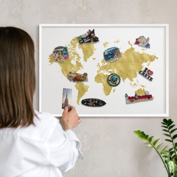 Decorative magnet board with a white frame World map