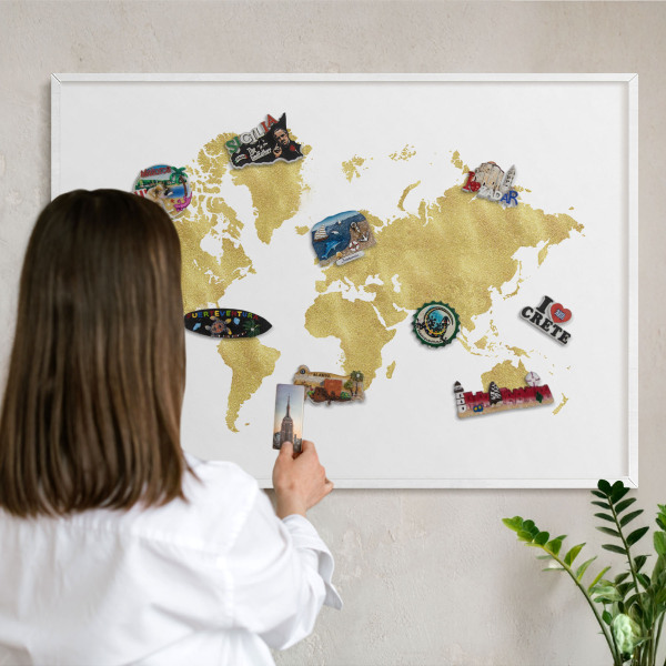 Decorative magnet board with a white frame World map