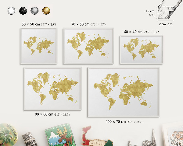 Decorative magnet board with a white frame World map