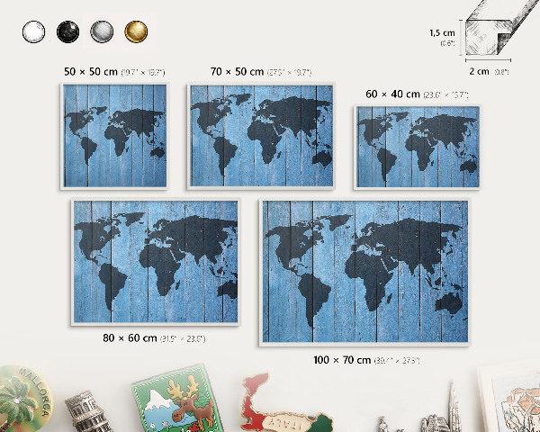 Magnetic board for travel magnets in a white frame World map