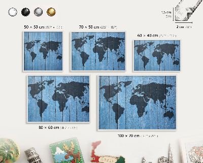 Magnetic board for travel magnets in a white frame World map