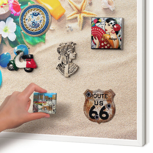 Magnetic board for travel magnets in a white frame Summer relaxation