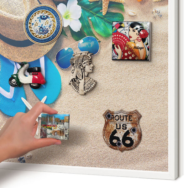 Magnetic board for travel magnets in a white frame Summer relaxation