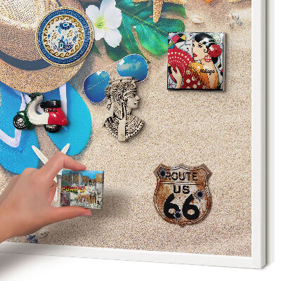 Magnetic board for travel magnets in a white frame Summer relaxation