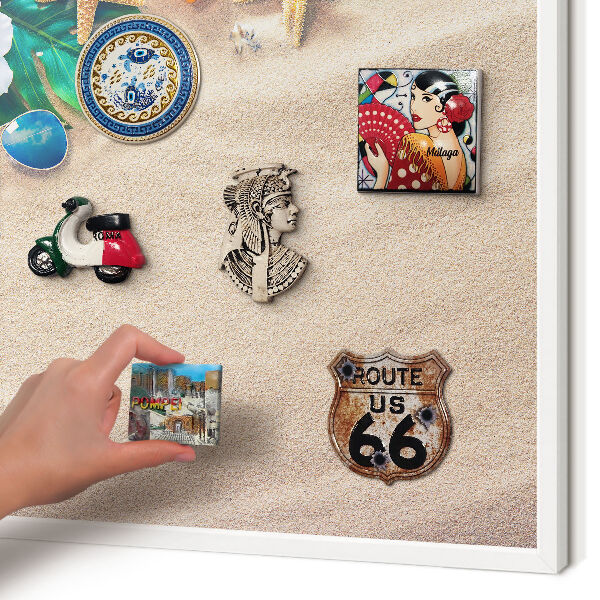 Magnetic board for travel magnets in a white frame Summer relaxation