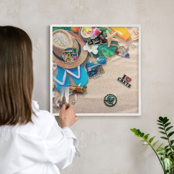 Magnetic board for travel magnets in a white frame Summer relaxation