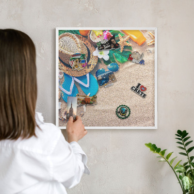 Magnetic board for travel magnets in a white frame Summer relaxation