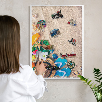 Magnetic board for travel magnets in a white frame Summer relaxation