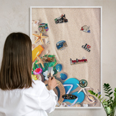 Magnetic board for travel magnets in a white frame Summer relaxation