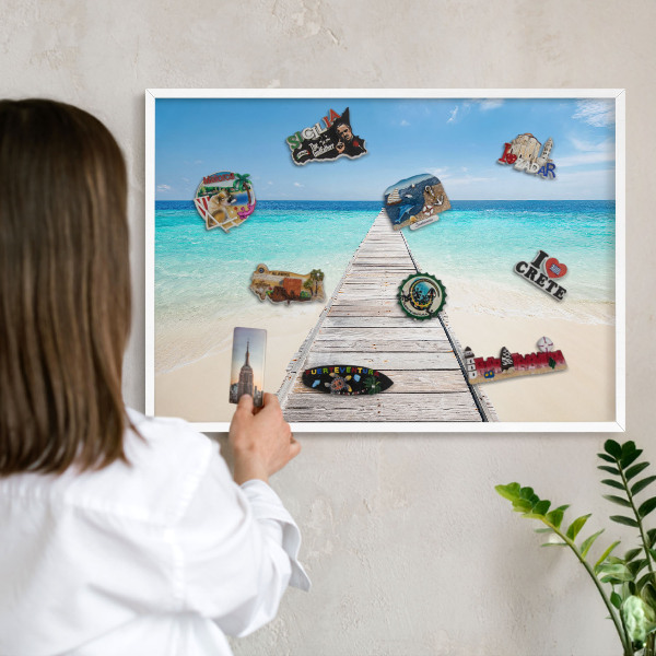 Magnetic board for travel magnets in a white frame Ocean Pier